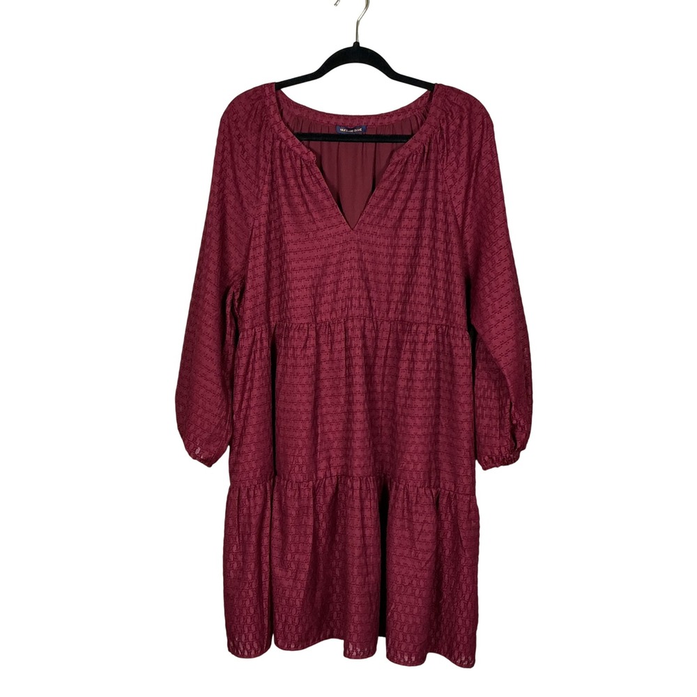 Skies Are Blue Burgundy Clip Dot Tiered V-Neck Babydoll Dress XL Long Sleeve